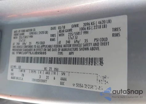 2018 Ford Escape S z USA, uszkodzony, nr VIN 1FMCU0F78JUB95695